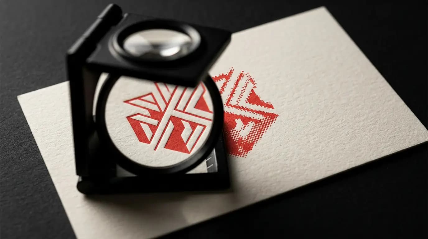 Compte-fils posé sur une carte imprimée : sous la lentille le motif est net, à côté il se décompose en pixels