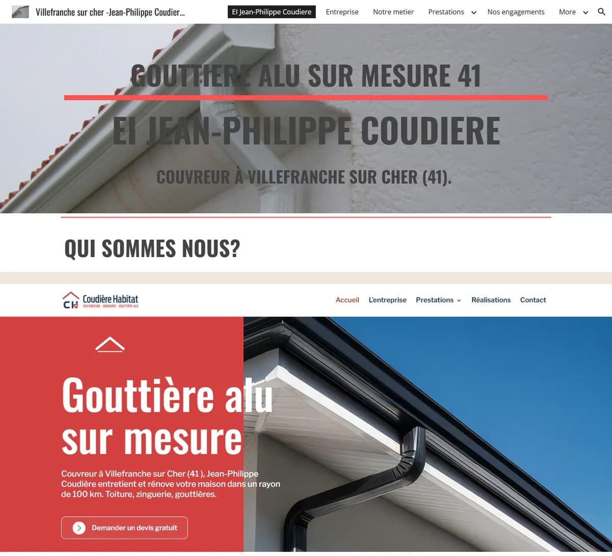 Avant et après : en haut, l'ancienne page d'accueil sur Google Sites ; en bas, la nouvelle page d'accueil de Coudière Habitat