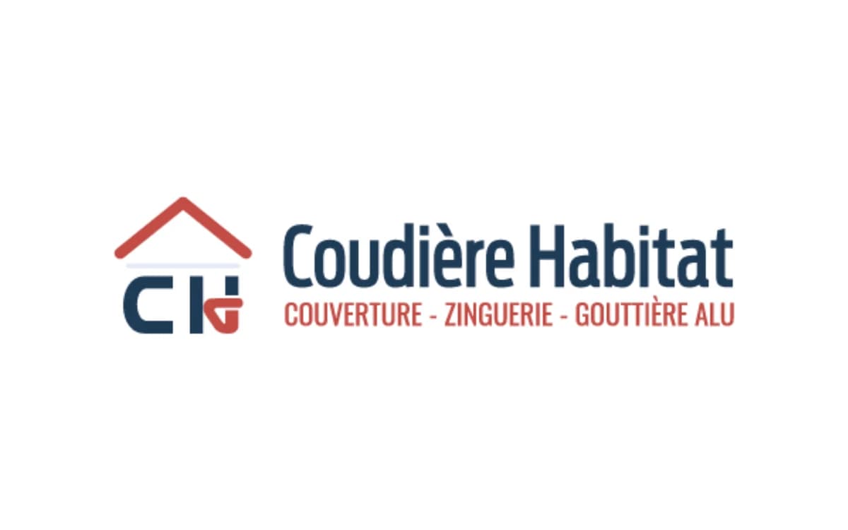 Logo Coudière Habitat : toit rouge, monogramme CH et signature couverture, zinguerie, gouttière alu