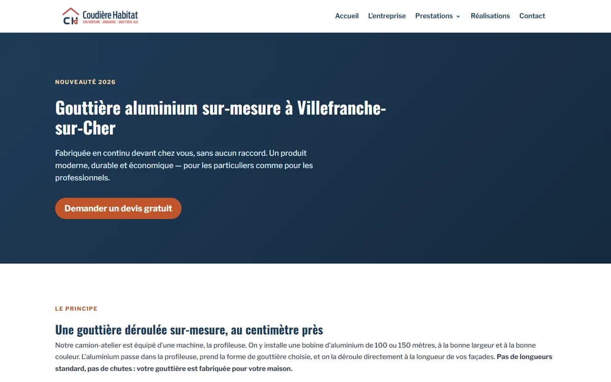 Page « Gouttière aluminium sur-mesure » du nouveau site Coudière Habitat