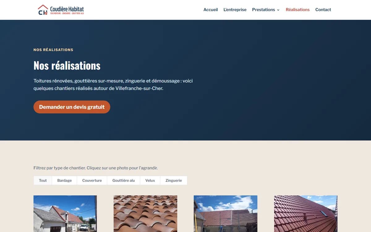 Page Réalisations du site Coudière Habitat, avec la galerie filtrable par type de chantier