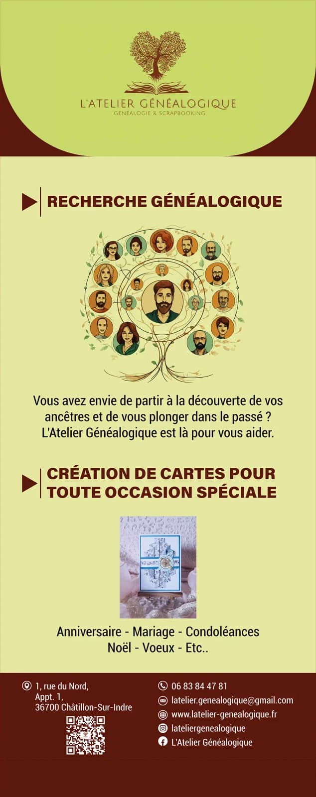 Kakémono de L'Atelier Généalogique, 85 × 200 cm : recherche généalogique et création de cartes, coordonnées et QR code