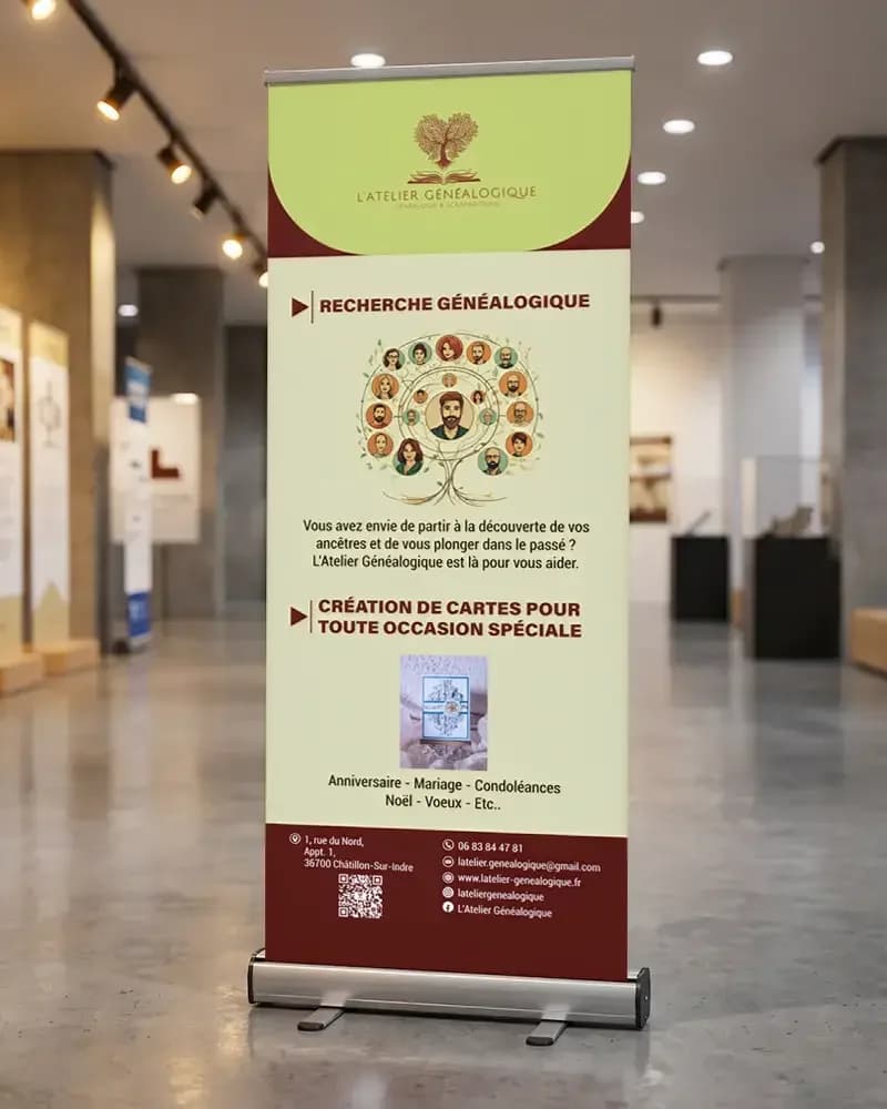 Kakémono enrouleur de L'Atelier Généalogique installé dans un hall d'exposition