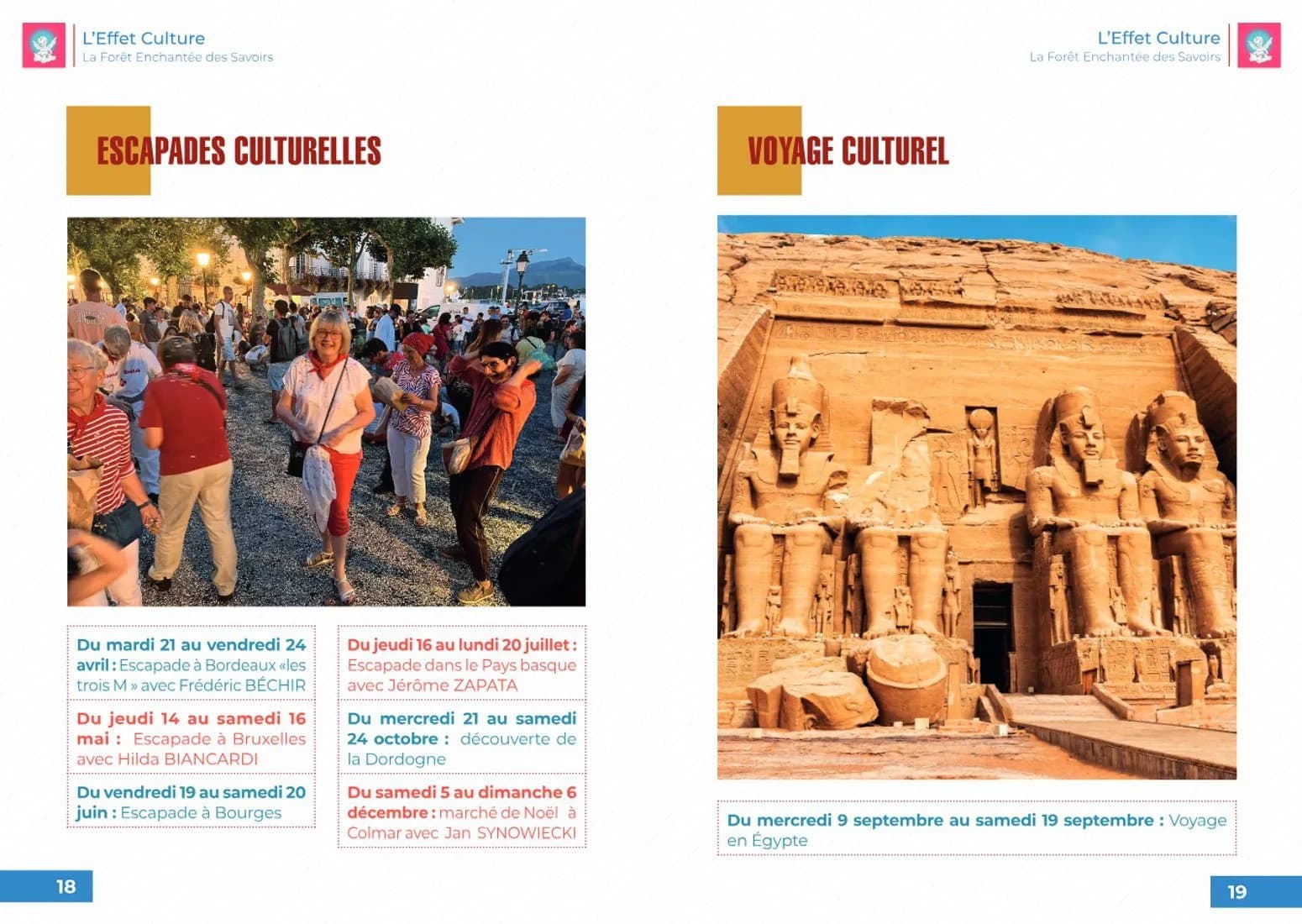 Double page du programme 2026 de L'Effet Culture : escapades culturelles et voyage en Égypte