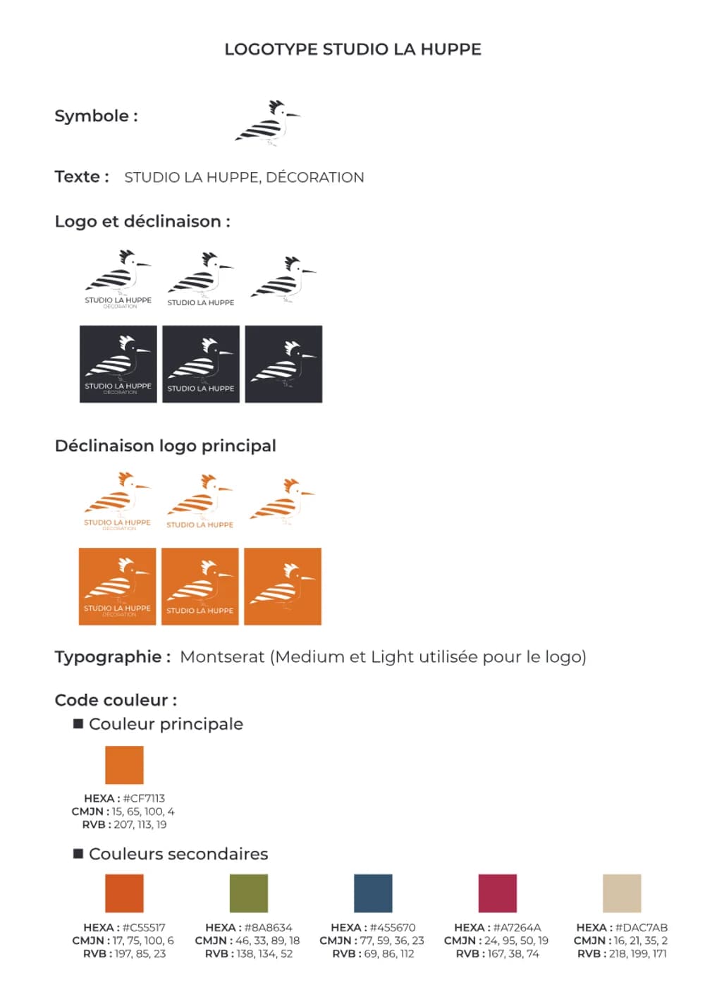 Planche de logotype Studio La Huppe : symbole, logo et déclinaisons en noir et en orange, typographie Montserrat et codes couleur